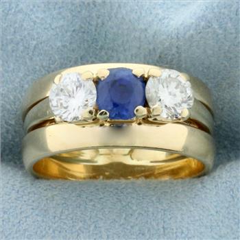 Three Stone Sapphire and Diamond Engagement or Anniversary Ring in 14k Yellow Gold