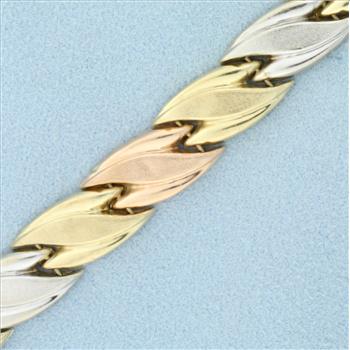 Tri Color Designer Link Bracelet in 10k White, Yellow and Rose Gold