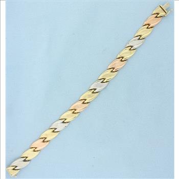 Tri Color Designer Link Bracelet in 10k White, Yellow and Rose Gold