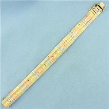 Tri Color Diamond Cut Omega Bracelet in 14k Yellow, Rose, and White Gold