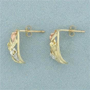 Tri Color Flower Design Diamond Cut Earrings in 10k Yellow, Rose, White Gold