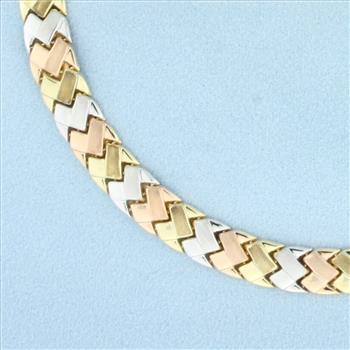 Tri Color Link Necklace in 10K Yellow, White, and Rose Gold