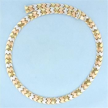 Tri Color Link Necklace in 10K Yellow, White, and Rose Gold