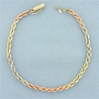 Tri Color Rope Bracelet in 14k Yellow, White and Rose Gold