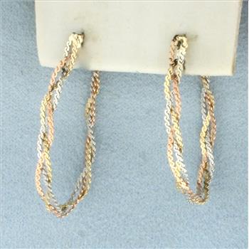 Tri-Color Braided S-Link Front to Back Hoop Earrings in 14k Yellow, Rose, and White Gold