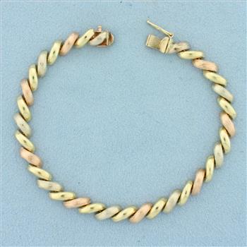 Tri-Color San Marco Macaroni Link Bracelet in 14k Yellow, Rose, and White Gold