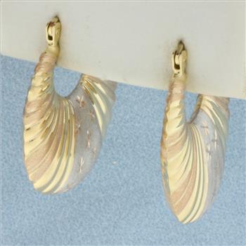 Tri-Color Star Design Hoop Earrings in 14k Yellow, White, and Rose Gold