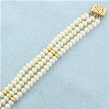 Triple Row Cultured Pearl and Gold Bead Bracelet in 14k Yellow Gold