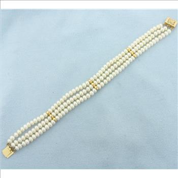 Triple Row Cultured Pearl and Gold Bead Bracelet in 14k Yellow Gold