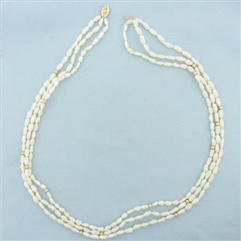 Triple Strand Baroque Pearl and Gold Bead Necklace in 14k Yellow Gold
