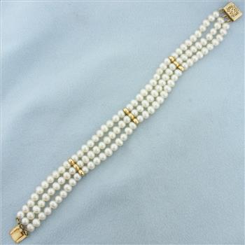 Triple Strand Cultured Pearl Bracelet in 14k Yellow Gold