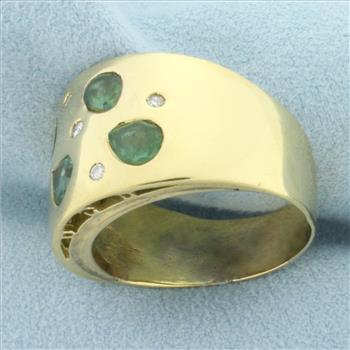 Tsavorite and Diamond Wide Band Ring in 18k Yellow Gold