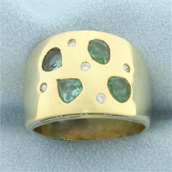 Tsavorite and Diamond Wide Band Ring in 18k Yellow Gold