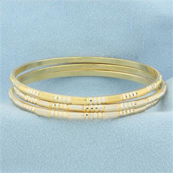 Two Tone Stacking Bangle Bracelets Set of 3 in 21k Yellow & White Gold
