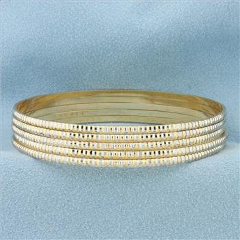 Two Tone Stacking Bangle Bracelets Set of 5 in 18k Yellow & White Gold
