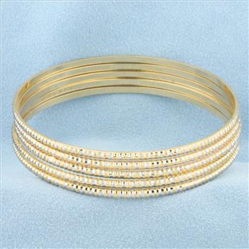 Two Tone Stacking Bangle Bracelets Set of 5 in 18k Yellow & White Gold