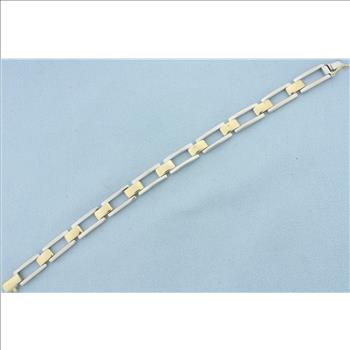 Two Tone Tank Tread Link Bracelet in 14k Yellow and White Gold