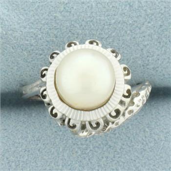 Unique Akoya Pearl Spiral Design Ring in 14k White Gold