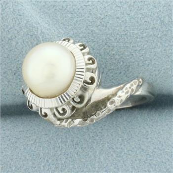 Unique Akoya Pearl Spiral Design Ring in 14k White Gold