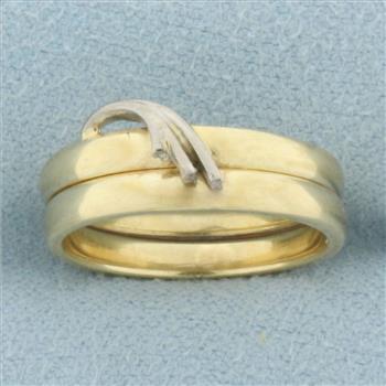 Unique Double Band Wave Design Ring in 14k Yellow and White Gold