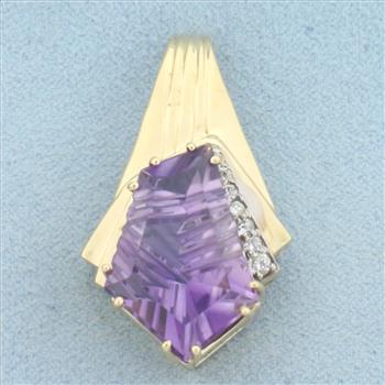 Unique Fancy Cut Amethyst and Diamond Pendant in 14k Yellow Gold