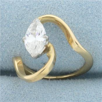 Unique Freeform Designer Marquise Diamond Engagement Ring in 14k Yellow Gold