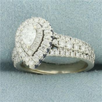 Vera Wang Love Collection Pear-Shaped Diamond and Sapphire Double Frame Engagement Ring in 14K White Gold