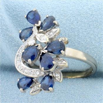 Vintage 4ct TW Sapphire and Diamond Designer Ring in 14K White Gold