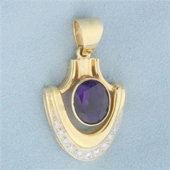 Vintage Amethyst and Diamond Pendant in 14k Yellow Gold