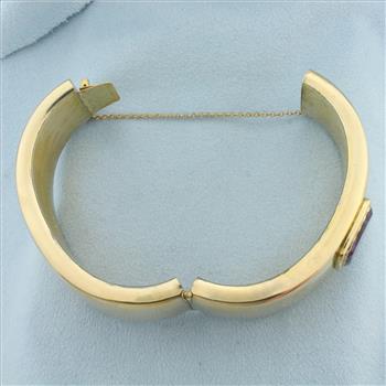 Vintage Amethyst Wide Hinged Bangle Bracelet in 14k Yellow Gold