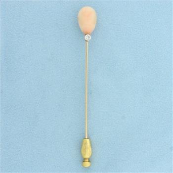 Vintage Angel Skin Pink Coral and Diamond Stick Pin in 14k Yellow Gold