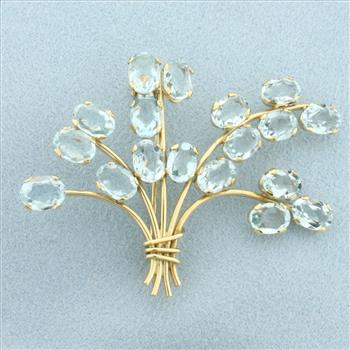 Vintage Aquamarine Flower Bouquet Brooch Pin in 18k Yellow Gold
