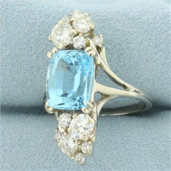 Vintage Blue Topaz and Diamond Retro Era Cocktail Ring in 14k White Gold.
