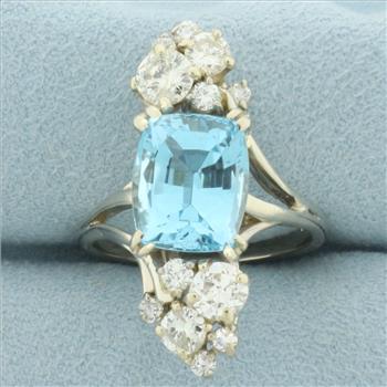 Vintage Blue Topaz and Diamond Retro Era Cocktail Ring in 14k White Gold.