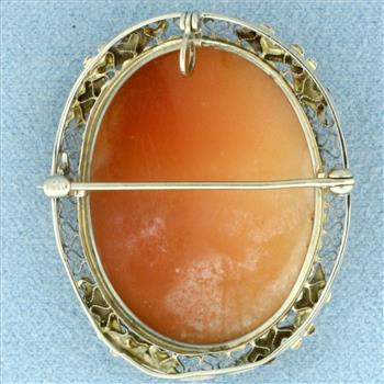 Vintage Carved Shell Cameo Pendant or Brooch Pin in 14k White Gold