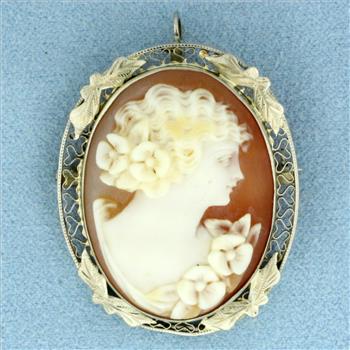 Vintage Carved Shell Cameo Pendant or Brooch Pin in 14k White Gold