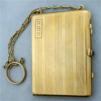 Vintage Chatelaine Makeup Case with Chain in Solid 14K Yellow Gold