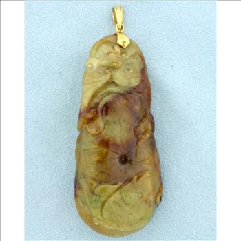 Vintage Chinese Hand Carved Jade Cat Pendant in 14K Yellow Gold