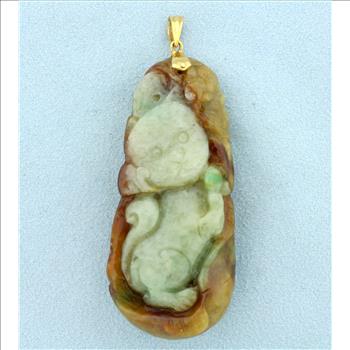 Vintage Chinese Hand Carved Jade Cat Pendant in 14K Yellow Gold