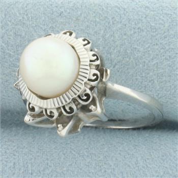 Vintage Cultured Akoya Pearl Crown Ring in 14k White Gold