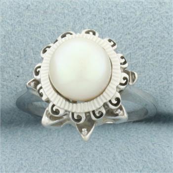 Vintage Cultured Akoya Pearl Crown Ring in 14k White Gold