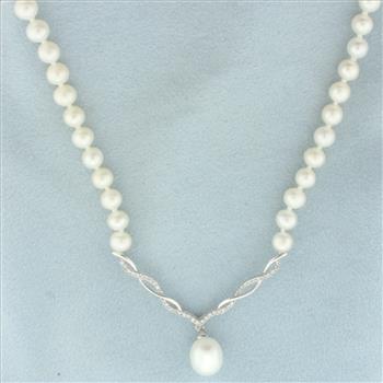 Vintage Cultured Pearl and Diamond V-Drop Necklace in 10k White Gold