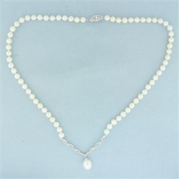 Vintage Cultured Pearl and Diamond V-Drop Necklace in 10k White Gold
