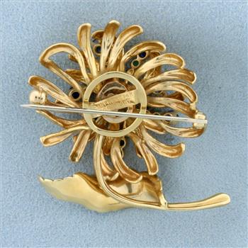 Vintage Designer Dan Frere Emerald, Sapphire, and Diamond Feather and Flower Design Pin Brooch in 14k Yellow Gold