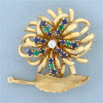 Vintage Designer Dan Frere Emerald, Sapphire, and Diamond Feather and Flower Design Pin Brooch in 14k Yellow Gold