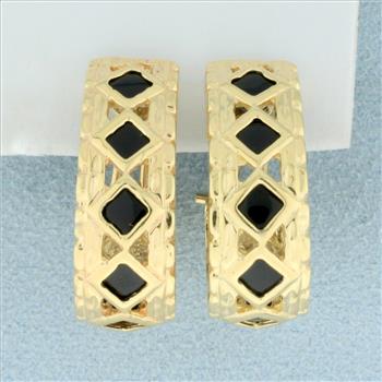 Vintage Designer Onyx J Hoop Earrings in 14K Yellow Gold