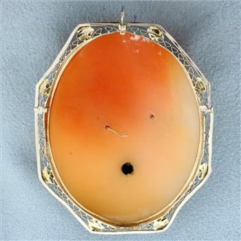 Vintage Diamond Filigree Cameo Pendant In 14K White Gold