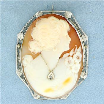 Vintage Diamond Filigree Cameo Pendant In 14K White Gold