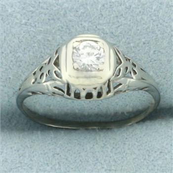 Vintage Diamond Filigree Solitaire Engagement Ring in 14k White Gold