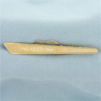 Vintage Engraved Tie Bar Clip with Chain in 18k Yellow Gold